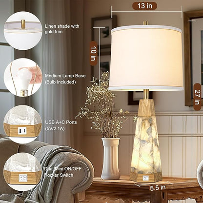 27" Natural Alabaster And Real Wood Table Lamp Set of 2 With Night Light Nightstand Lamps With USB Ports White Linen Fabric Shade Bedside Lamp Decor For Living Room Bedroom Home Office Hotel Bar House