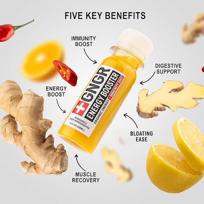 +GNGR Energy Booster & Immunity Shot, Cold-Pressed Ginger Shots with Lions Mane, 75mg of Natural Caffeine Green Tea, Turmeric Root, Vitamin D & Zinc for All Natural Immune Support 2 fl oz (Pack of 12)