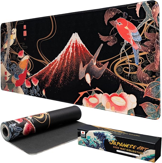 BELLEMOND Japanese Art Desk Mat | Large 31.5x11.8in Desk Pad | Mouse Pad for Keyboard & Mouse | Non-Slip Base, Water-Repellent, Smooth Precision | Crimson Wings Over Fuji