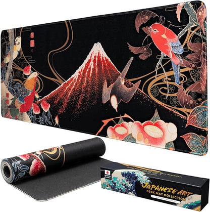 BELLEMOND Japanese Art Desk Mat | Large 31.5x11.8in Desk Pad | Mouse Pad for Keyboard & Mouse | Non-Slip Base, Water-Repellent, Smooth Precision | Crimson Wings Over Fuji