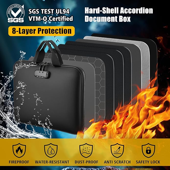 Fireproof Document Box with Combination Lock, Hard-Shell Fireproof File Organizer for Legal Documents, Laptop, Valuables & Important Papers, 13-Pocket Accordion File Folder