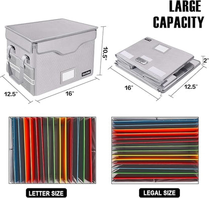 DocSafe Fireproof Document Box with Lock,File Storage Organizer with Zipper Pockets,Collapsible Portable File Box Home Office Safe Filing Cabinet with Handle for Hanging Letter/Legal Folder,Silver