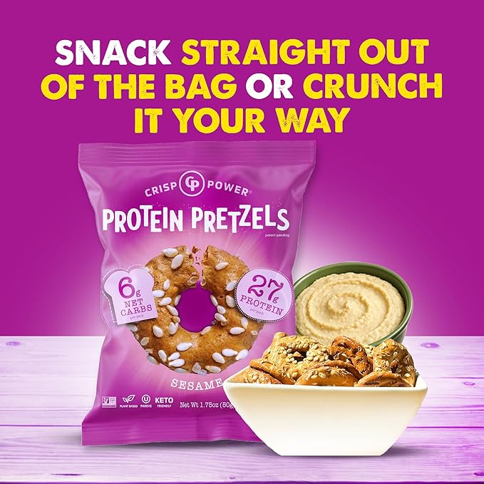 Crisp Power Protein Pretzels, Sesame, High Protein Vegan Keto Snack, 27 G Plant Based Protein, Low Carb Crunchy Pretzel Snacks, No Added Sugar, No Seed Oils, 1.75 oz Bags, 6 Pack