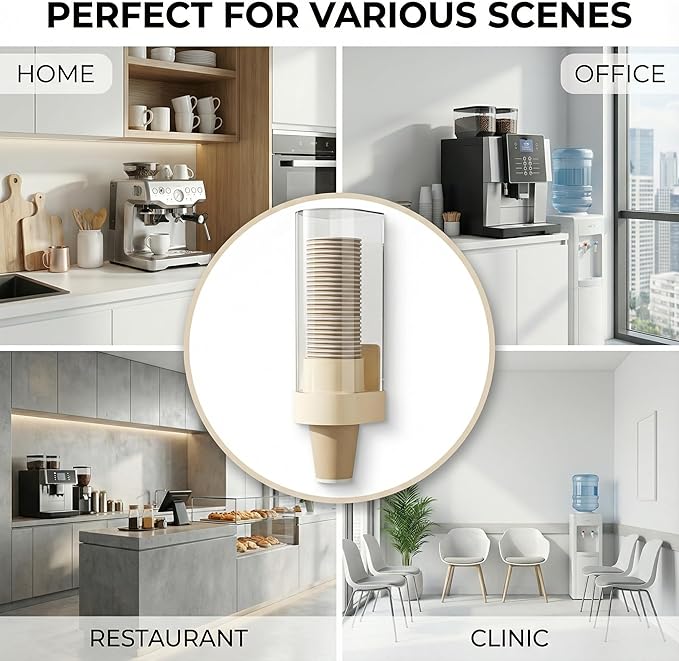 Cup Dispenser Wall Mounted, Large Capacity Bathroom Cup Holder for 4-6oz Cups, Dustproof Water Cooler Organizers with 50 Absorbent Coasters, Beige