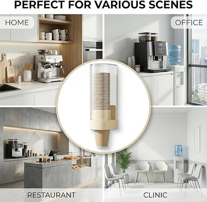 Cup Dispenser Wall Mounted, Large Capacity Bathroom Cup Holder for 4-6oz Cups, Dustproof Water Cooler Organizers with 50 Absorbent Coasters, Beige