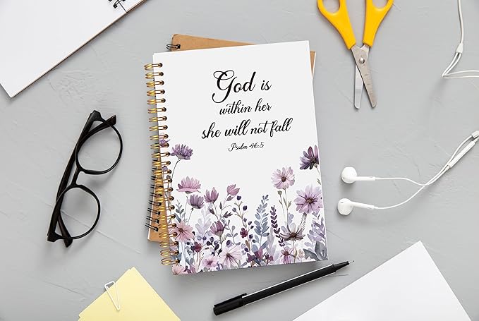 Christian Notebook for Women, Christian Art Gifts Journal, Prayer Journal for Women, Bible Journaling Notebook, PSALM 46:5 God is Within Her She Will Not Fall Floral Spiral Notebook 5.5x8.3