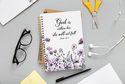 Christian Notebook for Women, Christian Art Gifts Journal, Prayer Journal for Women, Bible Journaling Notebook, PSALM 46:5 God is Within Her She Will Not Fall Floral Spiral Notebook 5.5x8.3