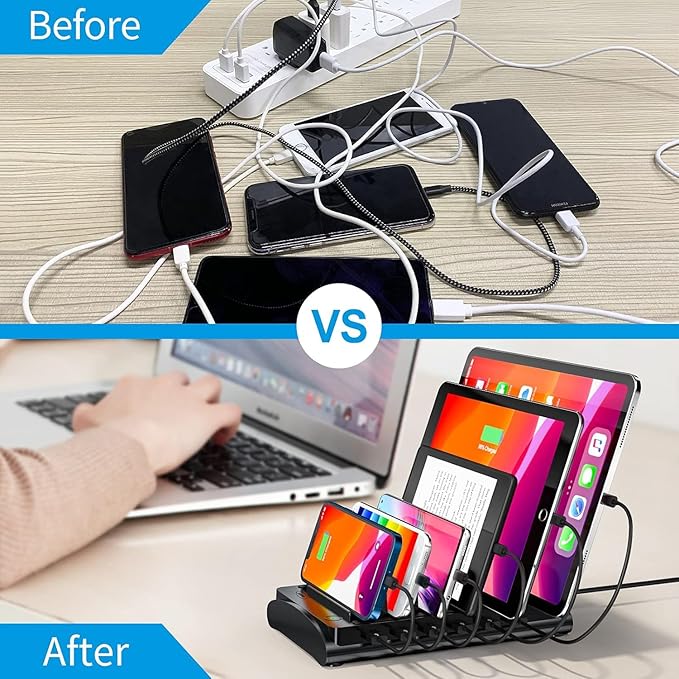 Charging Station for Multiple Devices, Bototek 60W 6 Ports Multi Charger Station for iPhone, iPad, Cell Phone, Tablets, and Other Electronics (6 Ports-Black)