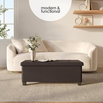 STORAGEBUD Storage Ottoman Bench with Bins, 43-in Storage Bench for Bedroom End of Bed, Folding Foot Rest Ottoman for Living Room Max 660lbs, Faux Leather Ottomans, Brown