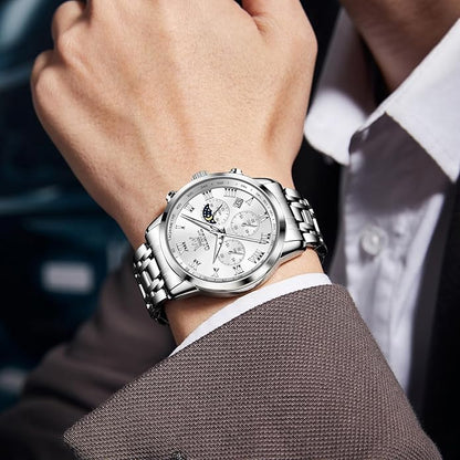OLEVS Mens Stainless Steel Chronograph Watch, Big Face Roman Numerals Date Analog Quartz Dress Watches for Men, Fashion Multifunctional Waterproof Luminous Hands Men's Wristwatch