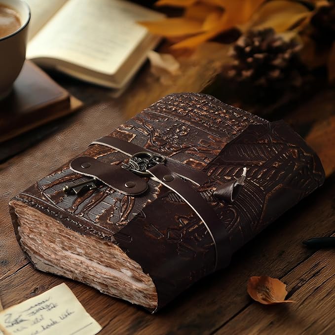 LEATHER VILLAGE Genuine Leather Handmade Journal for Men & Women – Vitruvian Man Embossed Cover – Key Closure – Book of Shadow – Vintage Deckle Edge Paper for Writing, Drawing – 7x5 Inches – Brown