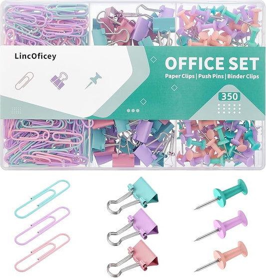 350pcs Paper Clips Binder Clips and Push Pins Set, Small Clips Office Supplies in Compartments Container for Multipurpose Document Organization (Pastel)