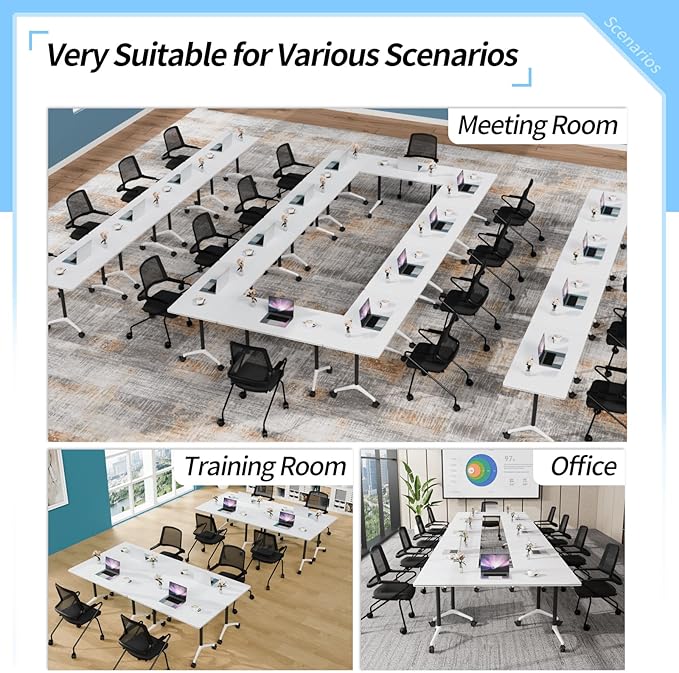 Conference Table, Foldable Conference Room Tables with Silent Wheels, Folding Modular Seminar Meeting Tables, Modern Rectangle Training Table for Office, Boardroom (2, White2, 55.1)