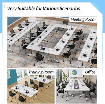 Conference Table, Foldable Conference Room Tables with Silent Wheels, Folding Modular Seminar Meeting Tables, Modern Rectangle Training Table for Office, Boardroom (2, White2, 55.1)