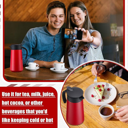 2 Pcs 27oz Thermal Coffee Carafe Stainless Steel Coffee Pot for Keeping Hot/cold Insulated Double Walled Vacuum Tea Pot with Press Button Drink Beverage Dispenser for Milk Tea (Red)