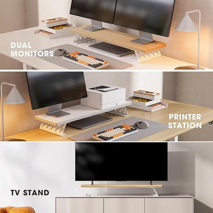 Fenge Monitor Stand Riser, Desk Top Shelf for 2 Monitors, Computer Stands for Desk, Wood & Steel Desktop Riser for Laptop, PC, Printer