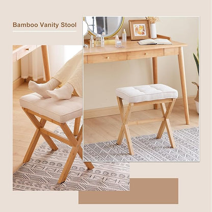 FILWH Foot Stool Small Ottoman Foot Rest Padded Foot Stool Desk Foot Stool for Under Office Desk Vanity Stool Bamboo Footstool Sofa Footrest Shoe Stool Small Foot Stools (Natural Legs + Beige)