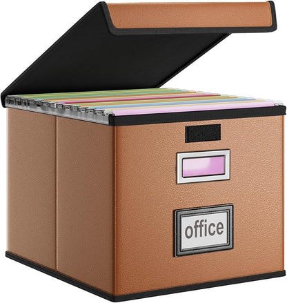 Huolewa Faux Leather File Organizer Box with Lid, Collapsible Hanging File Folder Box Organizer with Plastic Slides, Decorative Home/Office Filing System Boxes for File and Folder Storage