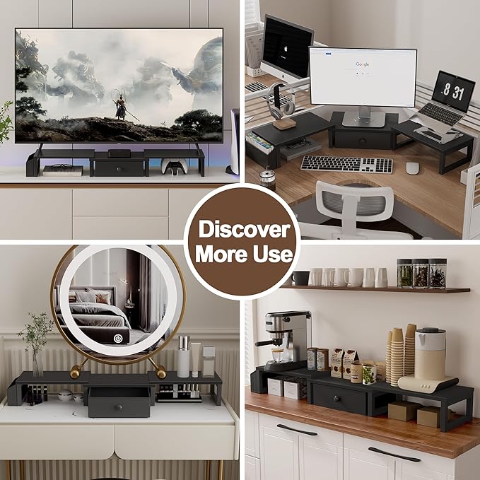 LAND·VOI Heavy Duty Dual Monitor Stand, Holds 2 Screens Up to 27 Inches, Adjustable Length and Angle Monitor Riser, Desk Organizer with Side Pockets and Drawers, Home Office Desk Storage, Black