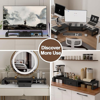 LAND·VOI Heavy Duty Dual Monitor Stand, Holds 2 Screens Up to 27 Inches, Adjustable Length and Angle Monitor Riser, Desk Organizer with Side Pockets and Drawers, Home Office Desk Storage, Black