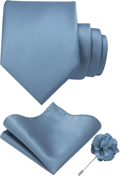 RBOCOTT Solid Color Tie and Pocket Square Hankerchief with Lapel Pin Set for Men