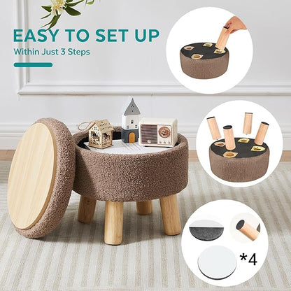 Small Foot Stool Ottoman with Storage, Sherpa Ottoman Foot Rest for Couch, Round Footstool with Storage, Small Ottomans and Footstools for Living Room and Entryway (Brown)