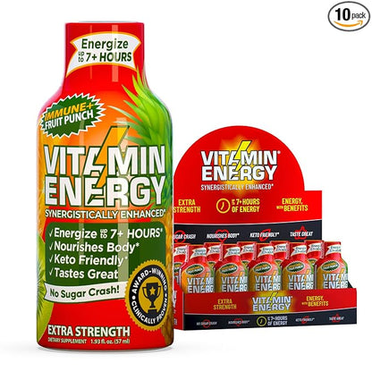 Vitamin Energy Immune+ Extra Strength Energy Shot Fruit Punch 10 Pack, 260mg Natural Caffeine, B-Vitamins, Citicoline, Green Tea, Immunity & Focus Support, Zero Sugar, Gluten-Free 1.93 fl oz