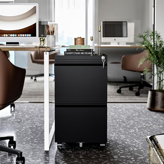 2 Drawer File Cabinet, Small Mobile File Cabinet with Lock, Metal Rolling Filing Cabinets for Letter/Legal/A4 File, Home, Office, Black