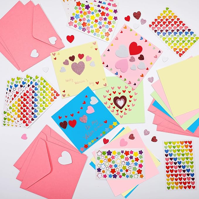 Zonon 16 Pack Valentines Crafts DIY Card Valentines's Day Kits Foam Heart Sticker Craft DIY Kits Envelopes Cards Set for Exchange Gifts (Colorful)