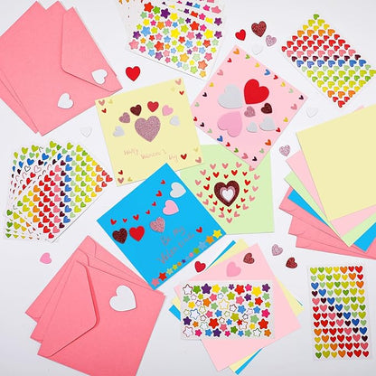 Zonon 16 Pack Valentines Crafts DIY Card Valentines's Day Kits Foam Heart Sticker Craft DIY Kits Envelopes Cards Set for Exchange Gifts (Colorful)