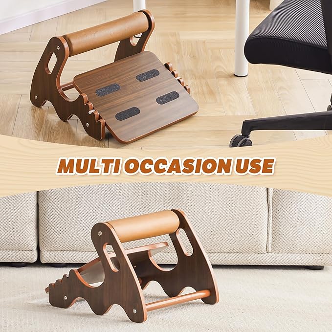 Foot Rest for Under Desk at Work- Adjustable Rocking Foot Stool with 3 Height Positions and Soft Crossbar, Ergonomic Wooden Footrest with Anti-Slip Surface for Home, Office