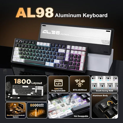 YUNZII AL98 QMK/VIA Wireless Mechanical Gaming Keyboard,Full Aluminum,BT/2.4G/USB-C, Pre-Lubed Hot Swappable Gasket Mount 1800 Layout,RGB Backlit for Win/Mac (Black, Cocoa Cream V2 Switch)