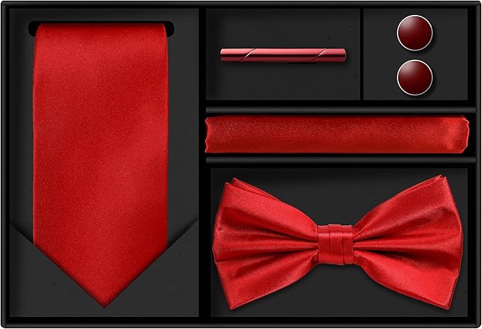 TIE G 5pcs Tie Set in WHITE OR BLACK GIFT BOX: Solid Color Necktie, Satin Bow Tie, Pocket Square, Lapel, Cuff Links