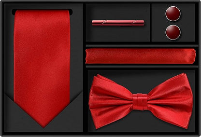 TIE G 5pcs Tie Set in WHITE OR BLACK GIFT BOX: Solid Color Necktie, Satin Bow Tie, Pocket Square, Lapel, Cuff Links