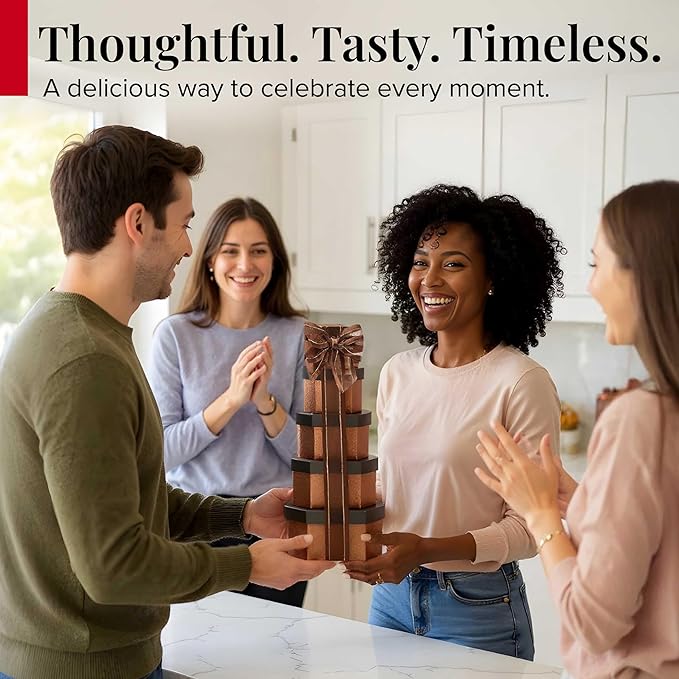 Broadway Basketeers Gift Basket Tower – Gourmet Kosher Snack & Chocolate Food Gifts for Women, Men, Family, Care Package for College & Teachers – Thank You, Christmas Holiday & Corporate