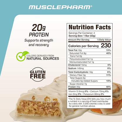 MusclePharm Combat Ready Protein Bar, Cinnamon Roll High Protein Bars, Combat Cravings, Fuel Performance & Meet Energy Demands, 20g Protein from Whey Protein, 3g Fiber, Gluten Free, 4 Bars
