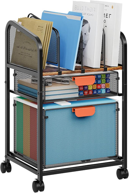 Marbrasse Rolling file Cart with Adjustable Dividers, Mobile File Cabinet on Lockable Wheels, Office Filing Cabinet Organizer, Hanging File Folder Organizer for Home Office - Dark Brown