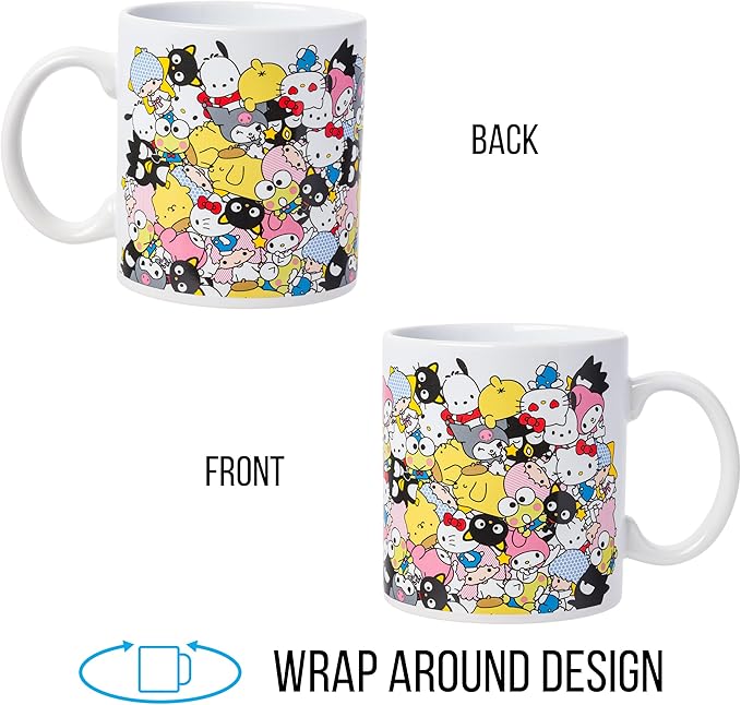 Silver Buffalo Sanrio Hello Kitty and Friends Featuring Badtz-Maru, Keroppi, My Melody, Pochacco, Chococat, Pompompurin, and Little Twin Stars Ceramic Mug, 20 Ounces