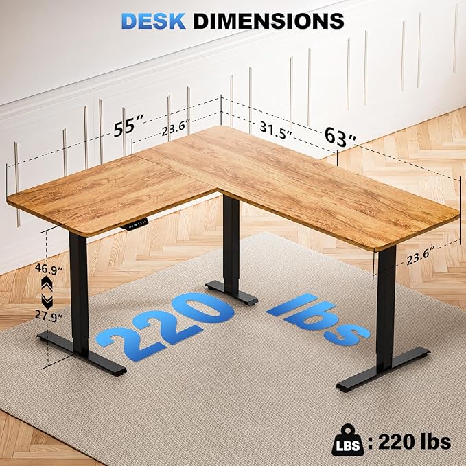 63″ L Shaped Standing Desk Electric Adjustable Height with A/C Charging Port, Large Corner Desk & Storage, Sit Stand Computer Table, Raised L-Shaped Workstation with Splice Board for Home Office