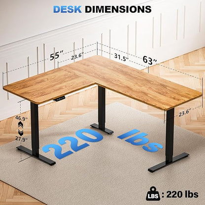 63″ L Shaped Standing Desk Electric Adjustable Height with A/C Charging Port, Large Corner Desk & Storage, Sit Stand Computer Table, Raised L-Shaped Workstation with Splice Board for Home Office