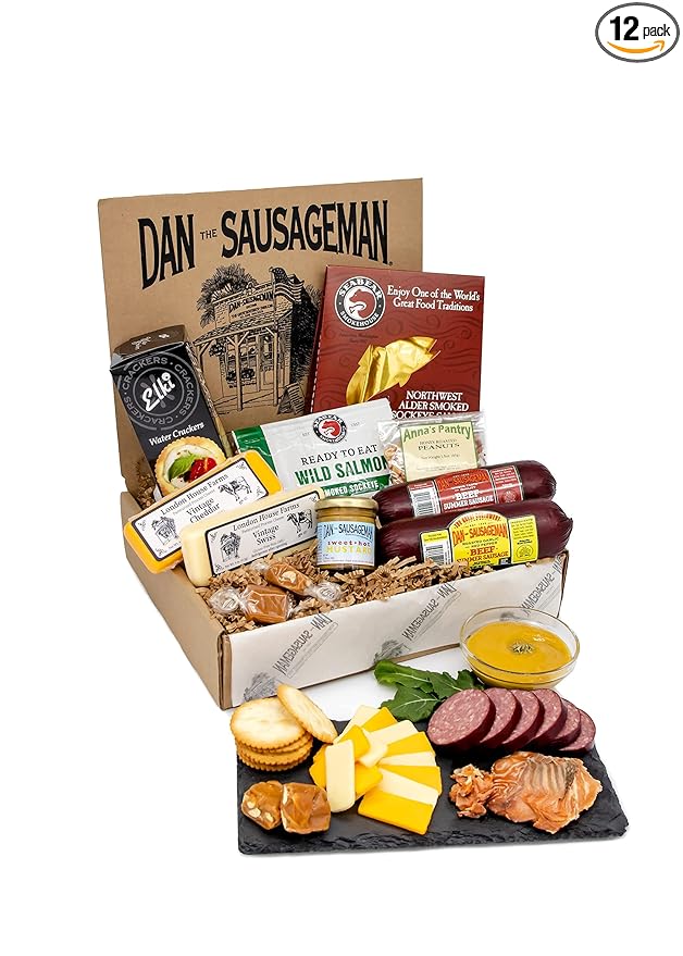 Dan the Sausageman Northwest Necessities Snack Gift Basket – Gourmet Meat & Cheese Summer Sausages, Mustard & Sweet Treats Set – 11-Items Holiday Box