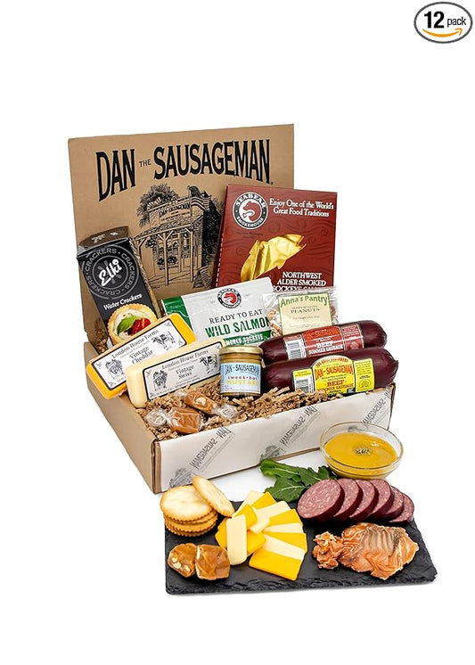 Dan the Sausageman Northwest Necessities Snack Gift Basket – Gourmet Meat & Cheese Summer Sausages, Mustard & Sweet Treats Set – 11-Items Holiday Box
