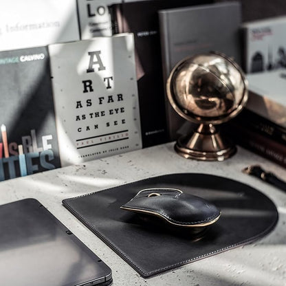 LUNAR ARTEFACTS Ambidextrous Rechargeable Bluetooth Wireless Computer Mouse Black French Leather and Gold Tone Plated Aluminum, Qi Enabled USB-C