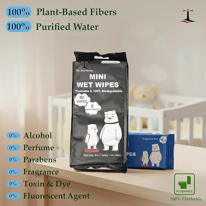 Flushable Wet Wipes for Adults, Travel Size 8 Pack (10 Count), Unscented pH Balanced Wipes, Plant-Based & Biodegradable, Hypoallergenic Disposable Wipes for On-the-Go Freshness