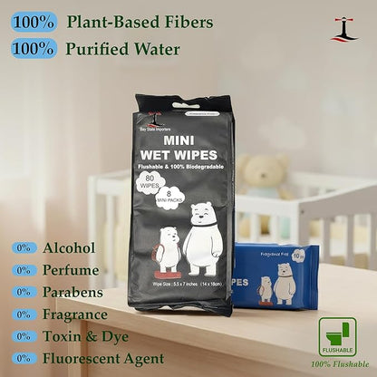 Flushable Wet Wipes for Adults, Travel Size 8 Pack (10 Count), Unscented pH Balanced Wipes, Plant-Based & Biodegradable, Hypoallergenic Disposable Wipes for On-the-Go Freshness