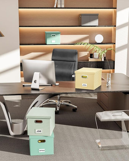 Oterri 2 Pack File Storage Organizer Box,Filing Box,Portable File Box with Lid,Fit for Letter/Legal File Folder Storage, Grey-green(Leather)-Box only