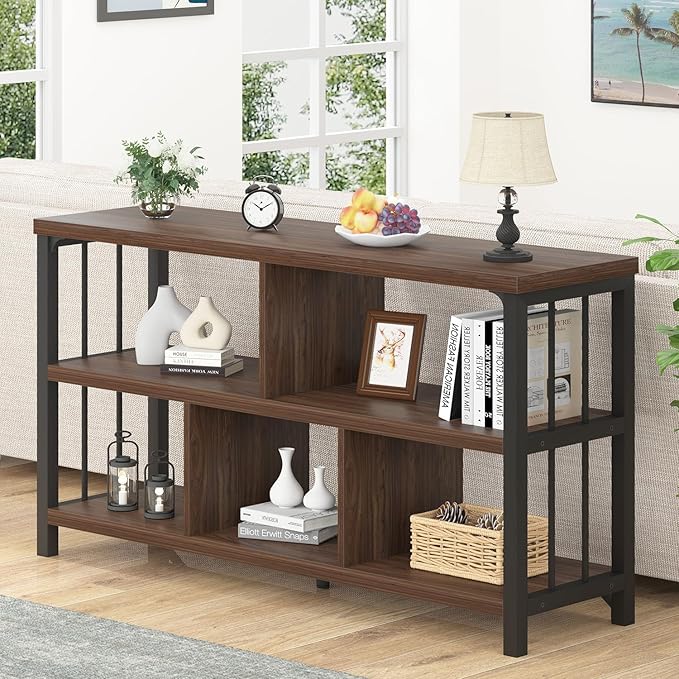 IBF Horizontal Bookshelf, Industrial 5 Cube Storage Organizer Open Shelf, Modern Wide Book Shelf for Bedroom Living Room, Rustic Wood and Metal Low Short Bookcase for Home Office, Walnut Oak, 47 Inch