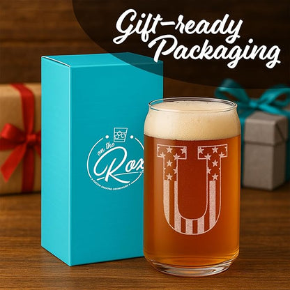 Monogram Beer Glasses for Men (A-Z) 16 oz - Beer Gifts for Men Brother Son Dad Neighbor - Unique Gifts for Him - Personalized Drinking Gift Beer Glass Mugs - Engraved Beer Can Glass (U)