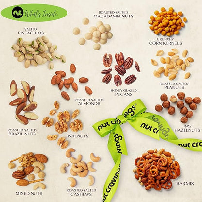 NUT CRAVINGS - Thanksgiving Mixed Nuts Gift Basket in Reusable Wooden Tray + Green Ribbon (12 Assortments) Holiday Xmas Christmas Food Arrangement, Healthy Snack Care Package