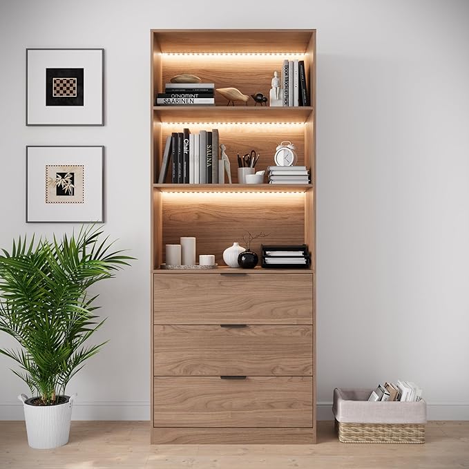 78.7" Walnut Display Cabinet with 3 Drawers, 3 -Tier Storage Cabinet with LED Lights, Tall Bookcasse Storage Cabinet, LED Display Case for Collectible, Living Room, Office, Kitchen